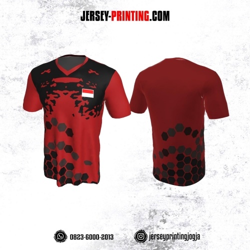 Jersey Badminton Merah Motif Hexagon Hitam Abu-abu