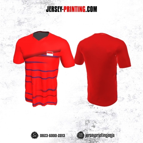 Jersey Badminton Merah Motif Line Biru