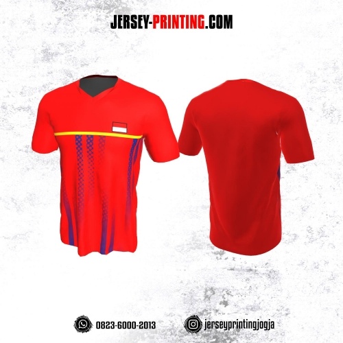 Jersey Badminton Merah Motif Salur Biru Kuning