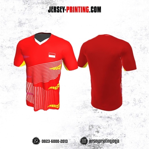 Jersey Badminton Merah Putih Motif Polkadot Kuning Ungu