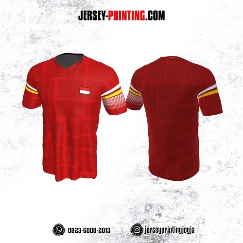 Jersey Badminton Merah Strip Putih Kuning