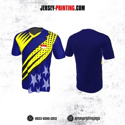 Jersey Badminton Navy Kuning Hitam Motif Polkadot dan Bintang