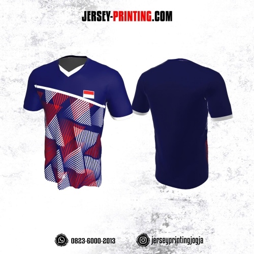 Jersey Badminton Navy Motif Geometris Strip Merah Putih