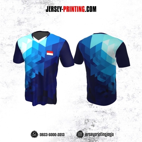 Jersey Badminton Navy Putih Motif Geometris Gradasi