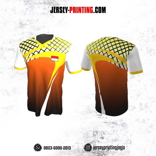 Jersey Badminton Orange Kuning Putih Motif Garis Hitam