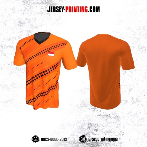 Jersey Badminton Orange Motif Kotak-kotak Hitam
