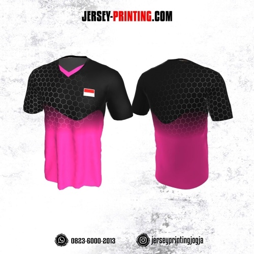 Jersey Badminton Pink Hitam Motif Honeycomb