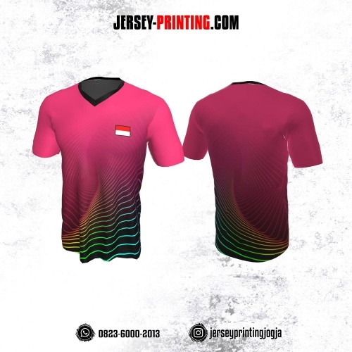 Jersey Badminton Pink Motif Garis Biru Hijau