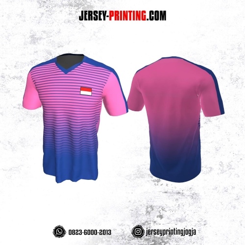 Jersey Badminton Pink Motif Strip Biru