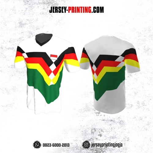 Jersey Badminton Putih Corak Hijau Kuning Merah Hitam