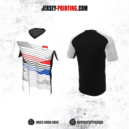 Jersey Badminton Putih Hitam Motif Garis Merah Biru