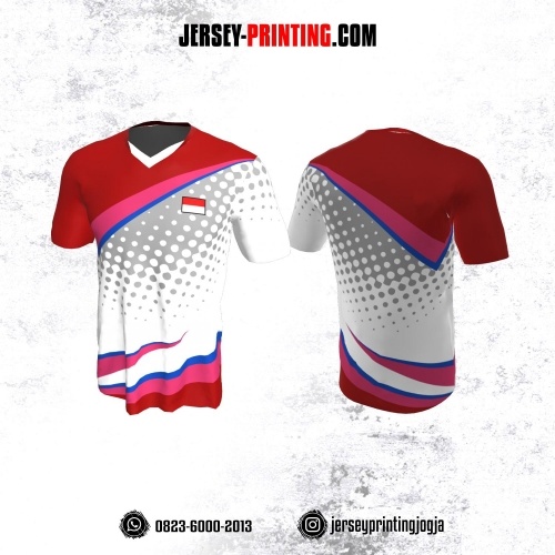 Jersey Badminton Putih Merah Pink Biru Motif Polkadot