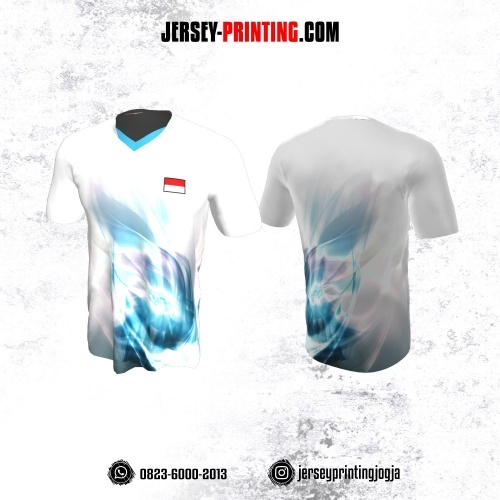 Jersey Badminton Putih Motif Asap Biru Neon