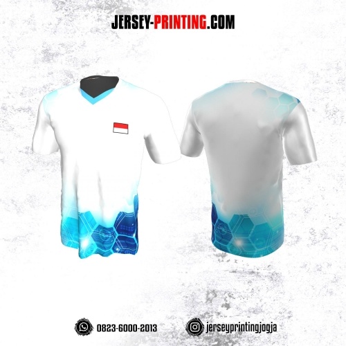 Jersey Badminton Putih Motif Hexagon Biru Neon