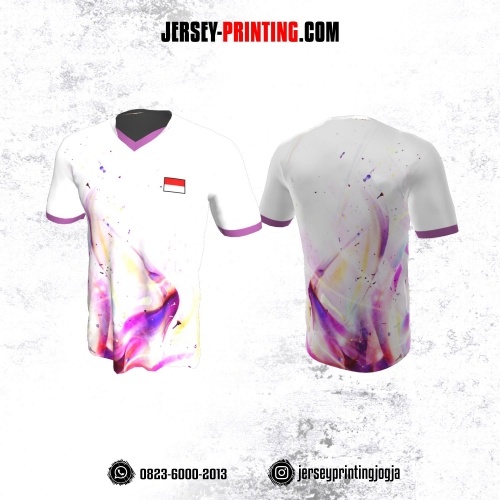 Jersey Badminton Putih Motif Tumpahan Cat Glossy Ungu Lilac