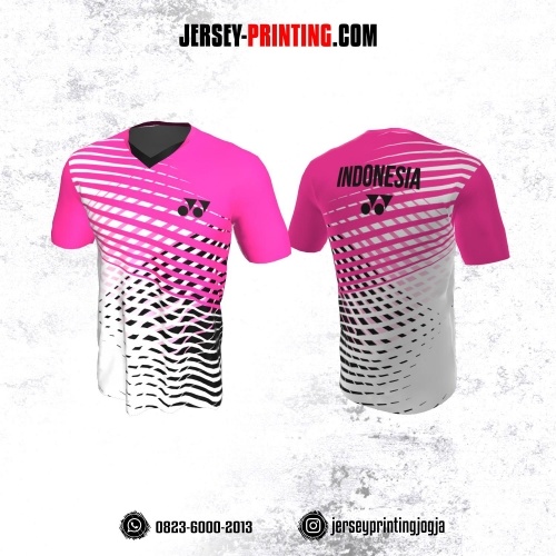 Jersey Badminton Putih Pink Hitam Motif Garis