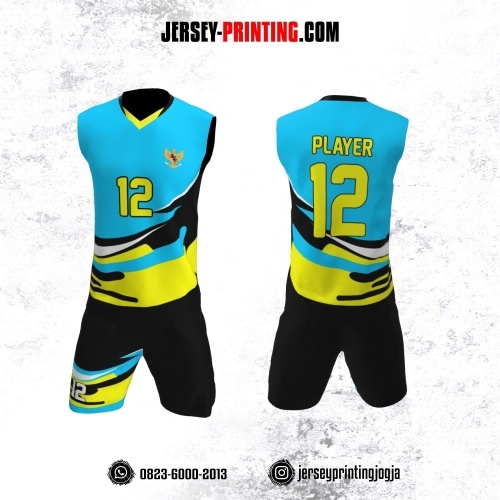 Jersey Baju Volly Tanpa Lengan Biru Corak Hitam Kuning