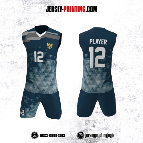 Jersey Baju Volly Tanpa Lengan Biru Dongker Abu-abu Motif Geometris