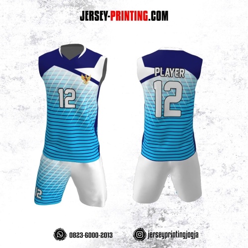 Jersey Baju Volly Tanpa Lengan Biru Putih Motif Strip Navy