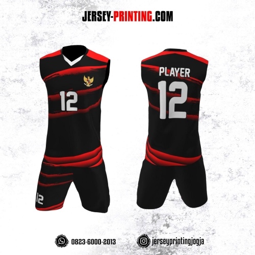 Jersey Baju Volly Tanpa Lengan Hitam Brush Merah