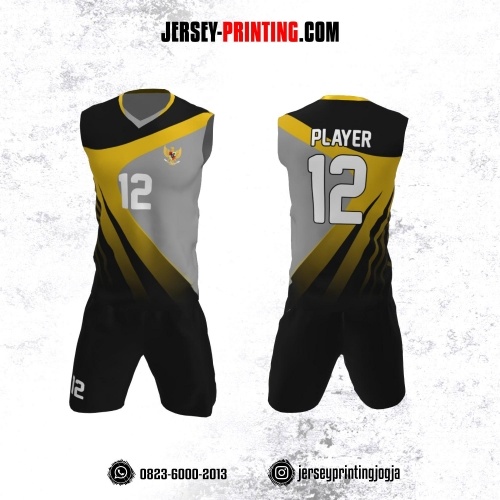 Jersey Baju Volly Tanpa Lengan Hitam Corak Kuning Abu-abu