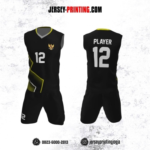 Jersey Baju Volly Tanpa Lengan Hitam Garis Kuning Putih
