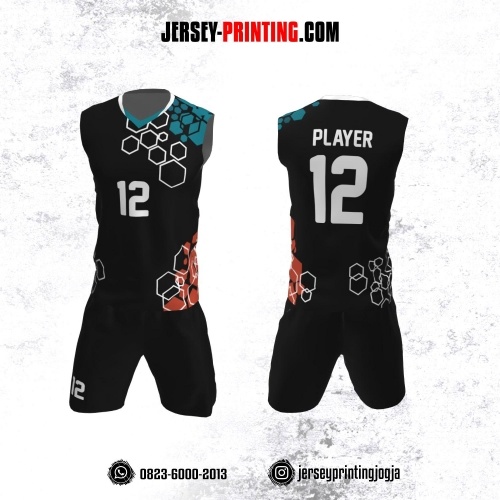 Jersey Baju Volly Tanpa Lengan Hitam Motif Hexagon Tosca Orange Putih