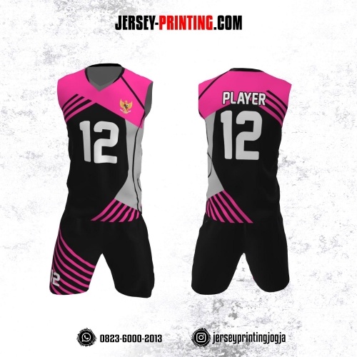 Jersey Baju Volly Tanpa Lengan Hitam Pink Abu-abu Motif Garis