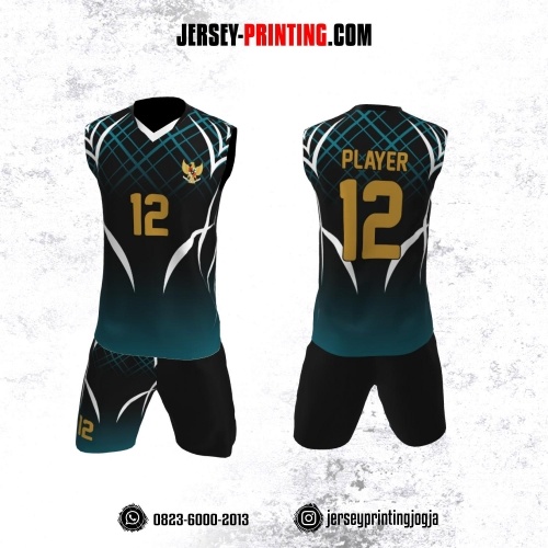 Jersey Baju Volly Tanpa Lengan Hitam Teal Motif Line Putih