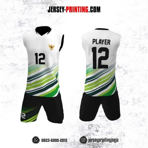 Jersey Baju Volly Tanpa Lengan Putih Corak Strip Hijau