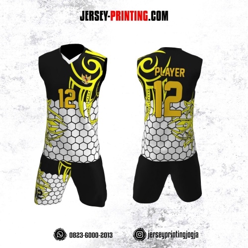 Jersey Baju Volly Tanpa Lengan Putih Hitam Kuning Motif Hexagon