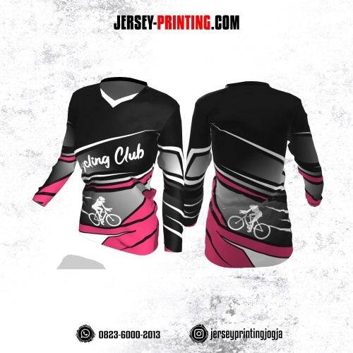 Jersey Cewek Gowes Sepeda Hitam Pink Abu-abu Putih Lengan Panjang
