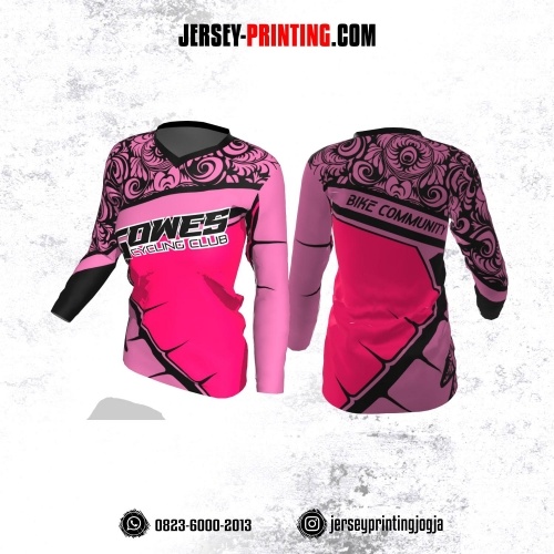 Jersey Cewek Gowes Sepeda Pink Magenta Motif Batik Hitam Lengan Panjang