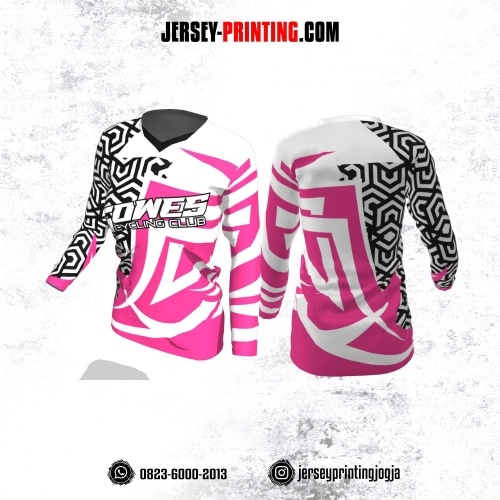 Jersey Cewek Gowes Sepeda Putih Pink Motif Seamless Hitam Lengan Panjang