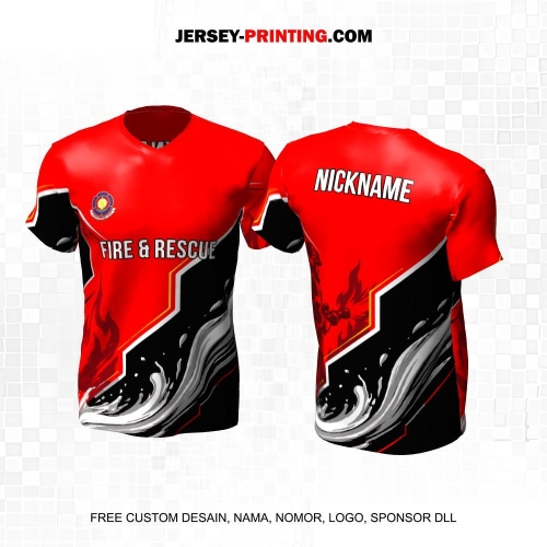 Jersey Damkar Pemadam Kebakaran Merah Hitam Putih Abu Motif Abstrak Air Api 139