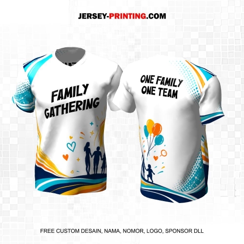 Jersey Family Gathering Putih Biru Orange Motif Abstrak 01
