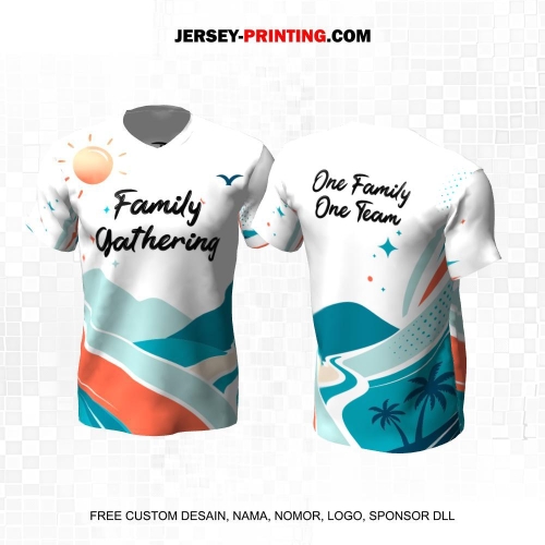 Jersey Family Gathering Putih Tosca Orange Motif Pegunungan 11