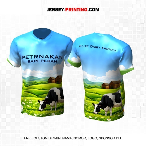 Jersey Farm Peternakan Biru Hijau Motif Ladang Rumput Sapi 03