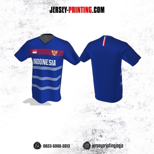 Jersey Futsal Biru Motif Garis Putih Merah
