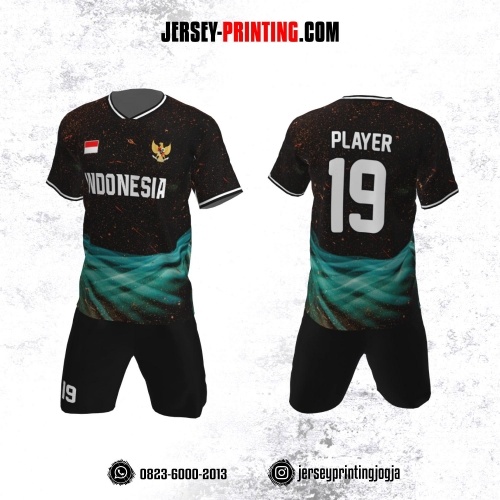 Jersey Futsal Hitam Corak Bercak Orange