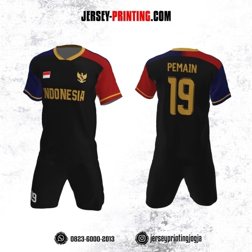 Jersey Futsal Hitam Corak Merah Navy Kuning