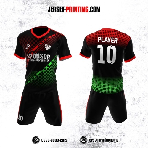 Jersey Futsal Hitam Merah Hijau Motif Polkadot