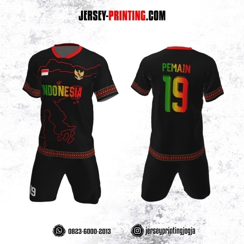 Jersey Futsal Hitam Merah Motif Batik dan Pola Pulau Sulawesi
