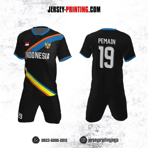 Jersey Futsal Hitam Motif Garis Biru Orange Kuning dan Polkadot Abu-abu