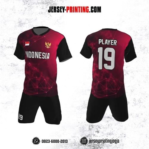 Jersey Futsal Hitam Motif Geometris Merah