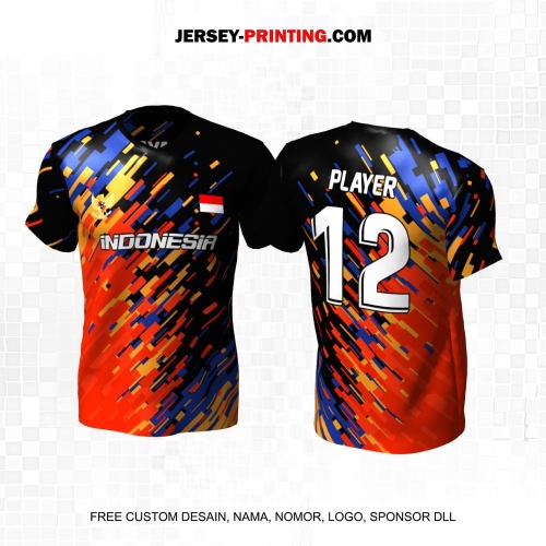Jersey Futsal Hitam Orange Biru Motif Abstrak 174