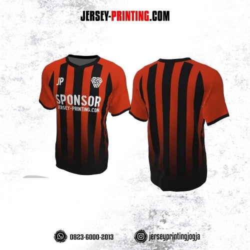 Jersey Futsal Merah Bata Motif Stripe Hitam