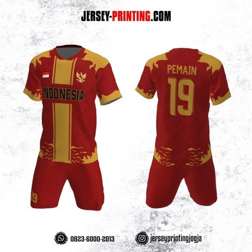 Jersey Futsal Merah Corak Kuning Motif Garis