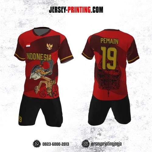Jersey Futsal Merah Maroon Hitam Motif Wayang