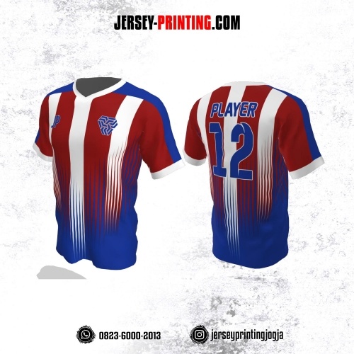 Jersey Futsal Merah Putih Corak Biru